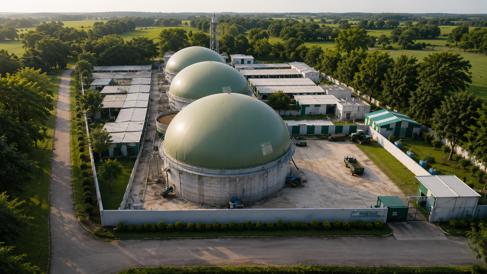 Aerial view of a biogas plant with three digesters, service buildings and surrounding fields.